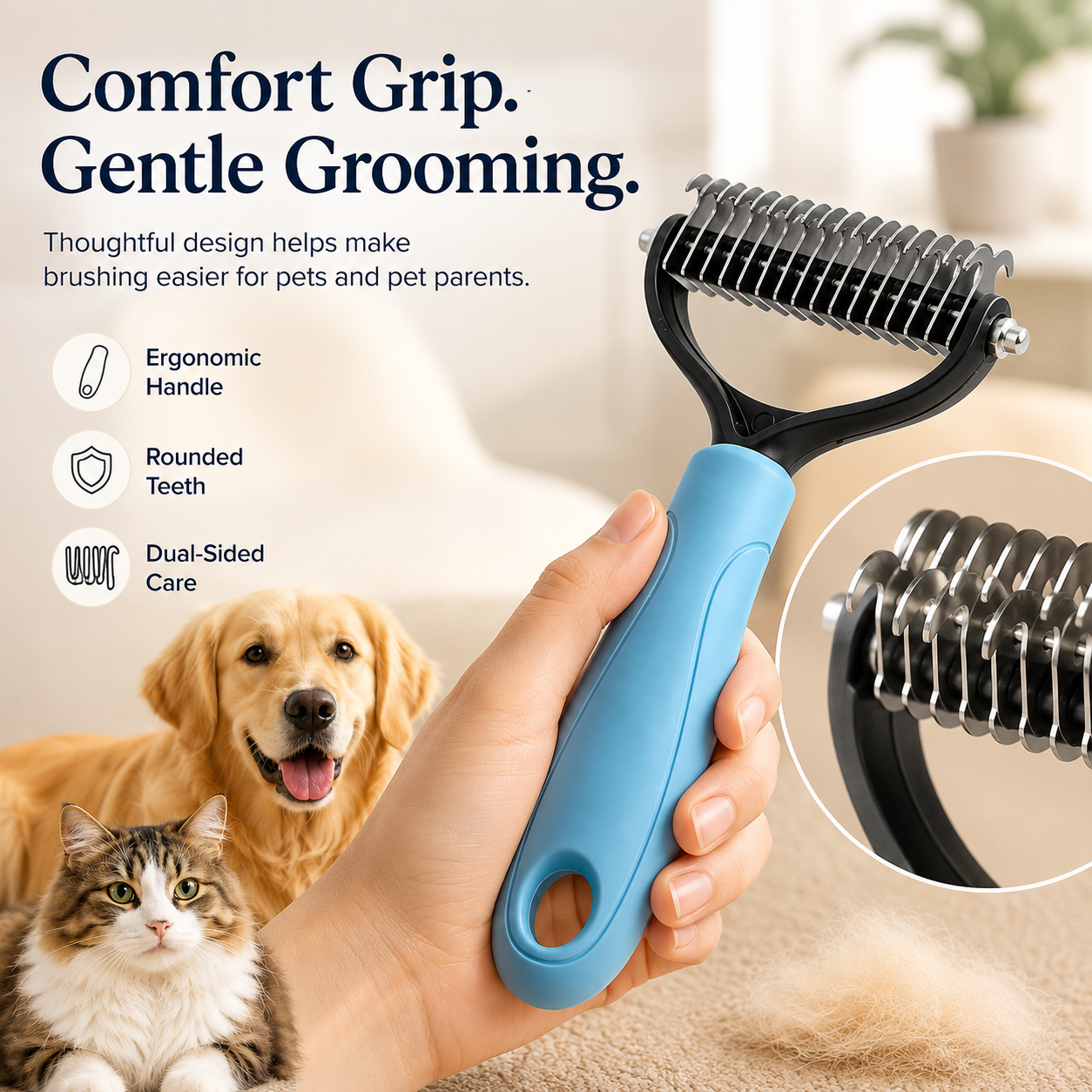 Beauty Ailow 2-in-1 Pet Grooming Brush for Dogs & Cats – Loosens Tangles, Lifts Loose Fur & Makes Grooming Easier-ASS1