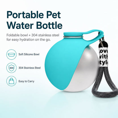 Portable Dog Water Bottle for Small Dogs & Puppies | 10oz Stainless Steel Travel Bottle with Foldable Silicone Bowl-ASS1