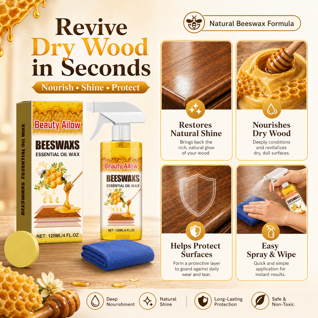 Beeswax Wood Revival Spray for Furniture Shine & Care-ASS1
