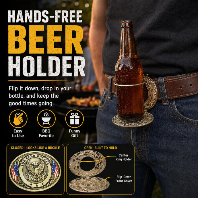 Hands-Free Beer Bottle Holder Belt Buckle | Flip-Down Drink Holder for BBQs, Tailgates & Funny Gifts-PGL