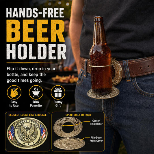 Hands-Free Beer Bottle Holder Belt Buckle | Flip-Down Drink Holder for BBQs, Tailgates & Funny Gifts-PGL
