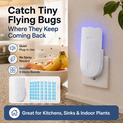 Plug-In Indoor Flying Bug Trap with 5 Sticky Boards | Quiet UV Light Catcher for Fruit Flies & Gnats-PGL