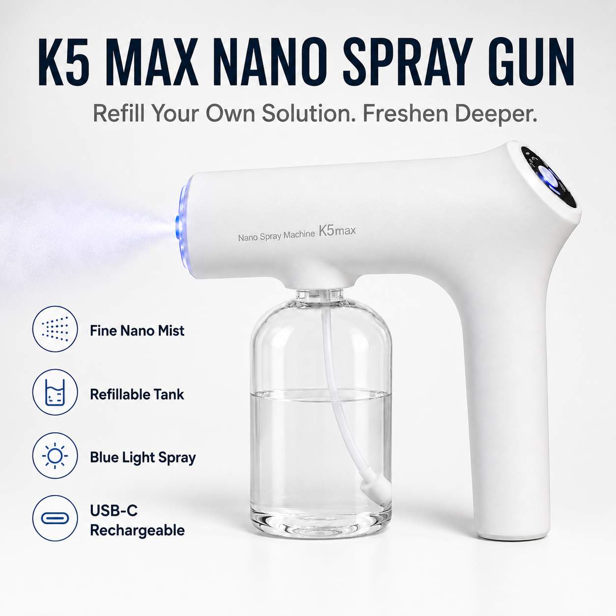 K5 Max Rechargeable Nano Mist Sprayer – 300ML Tank for Home & Car Freshening-AFF