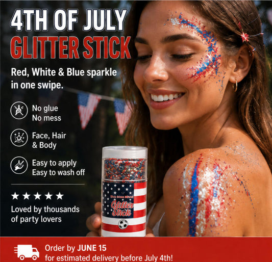 4th of July Glitter Stick – One-Swipe Red, White & Blue Sparkle for Face, Hair & Body-PGL