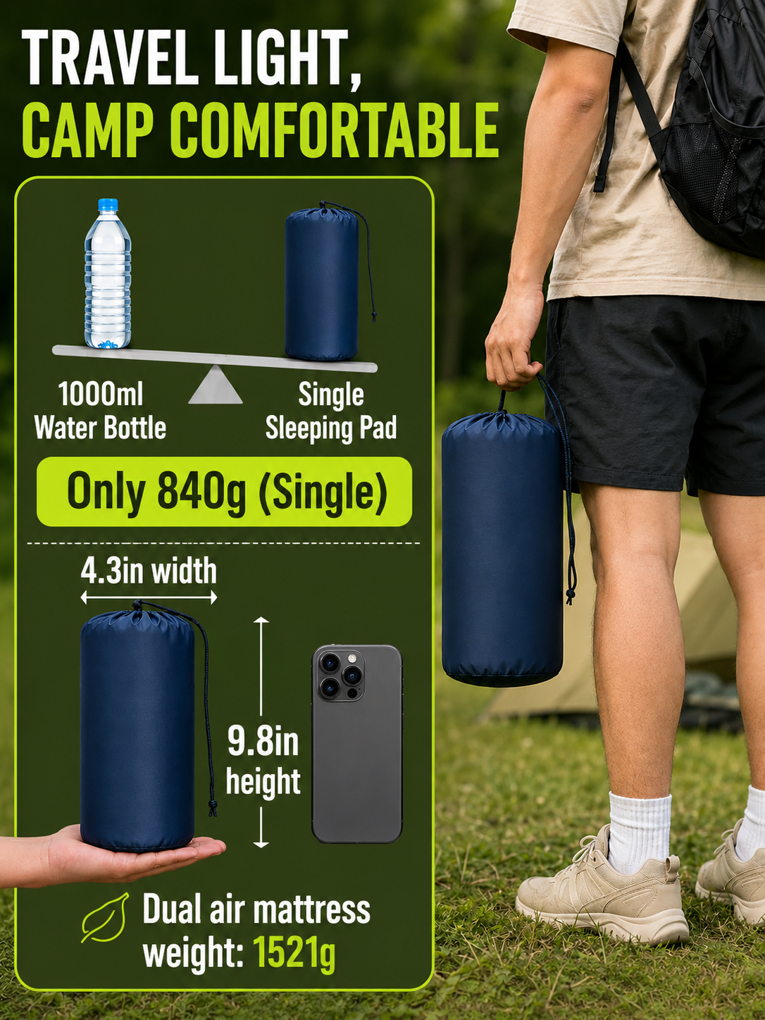 Ultra-Light Inflatable Camping Sleeping Pad with Built-in Foot Pump-FD6U