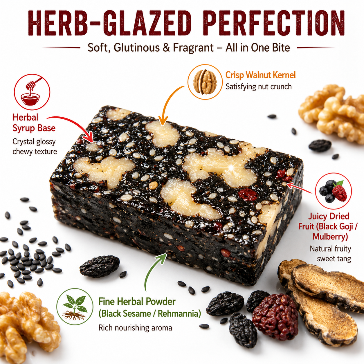Mulberry Rehmannia & Black Goji Sesame Cake – Soft Herbal Nut Snack, Low Sugar Energy Bar-9YOE9