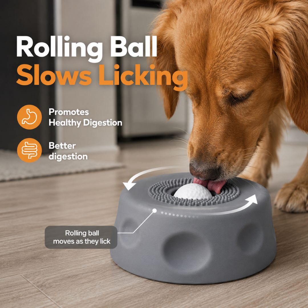 Rolling Ball Dog Lick Bowl-Slow treat feeder for yogurt, bone broth & wet food.-ASS1