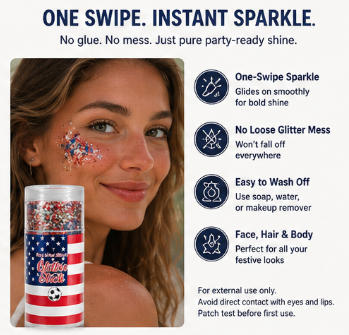 4th of July Glitter Stick – One-Swipe Red, White & Blue Sparkle for Face, Hair & Body-PGL