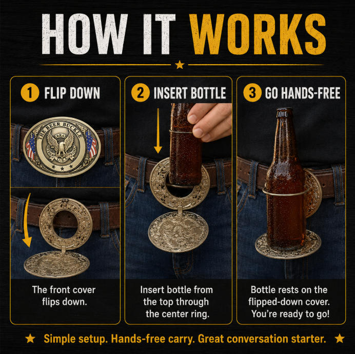 Hands-Free Beer Bottle Holder Belt Buckle | Flip-Down Drink Holder for BBQs, Tailgates & Funny Gifts-PGL