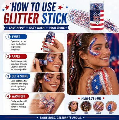 4th of July Glitter Stick – One-Swipe Red, White & Blue Sparkle for Face, Hair & Body-PGL