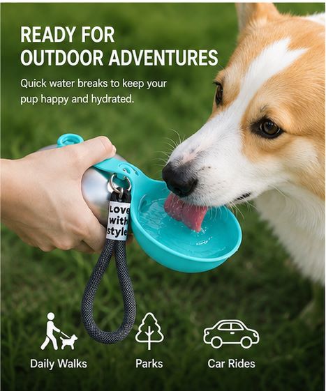 Portable Dog Water Bottle for Small Dogs & Puppies | 10oz Stainless Steel Travel Bottle with Foldable Silicone Bowl-ASS1