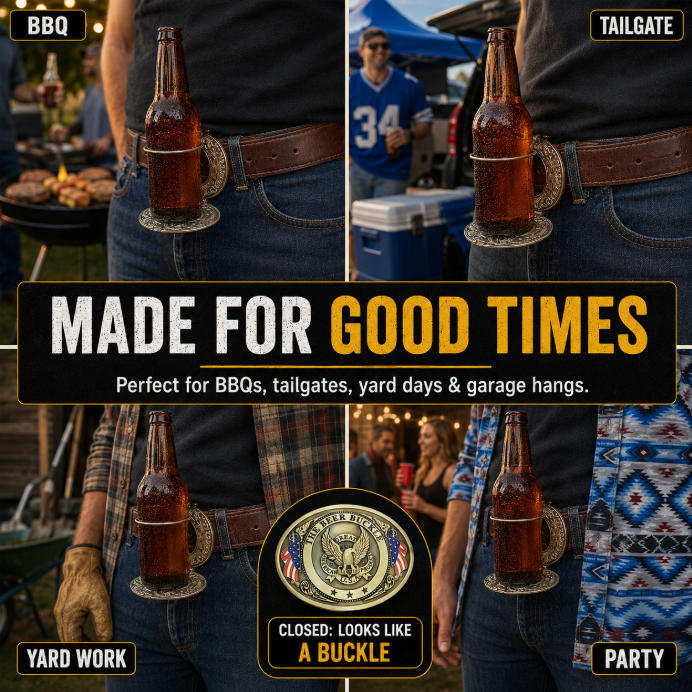 Hands-Free Beer Bottle Holder Belt Buckle | Flip-Down Drink Holder for BBQs, Tailgates & Funny Gifts-PGL