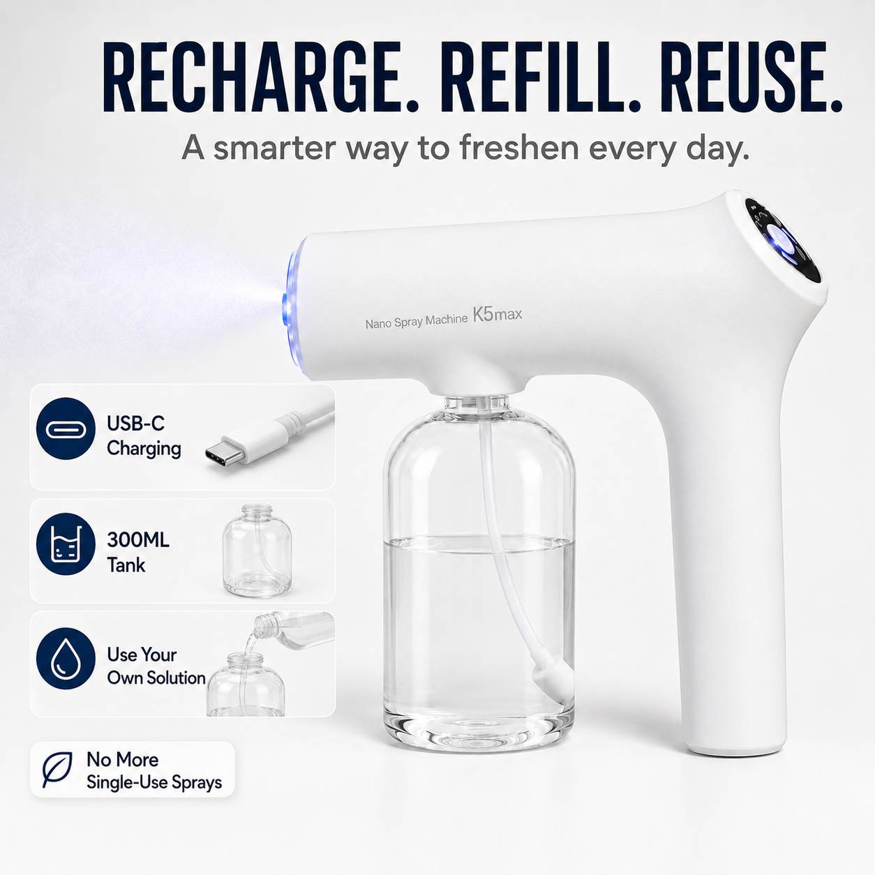 K5 Max Rechargeable Nano Mist Sprayer – 300ML Tank for Home & Car Freshening-AFF