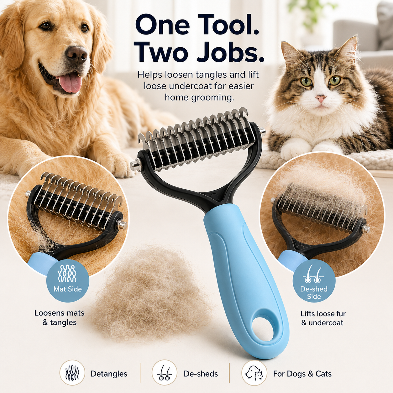 Beauty Ailow 2-in-1 Pet Grooming Brush for Dogs & Cats – Loosens Tangles, Lifts Loose Fur & Makes Grooming Easier-ASS1
