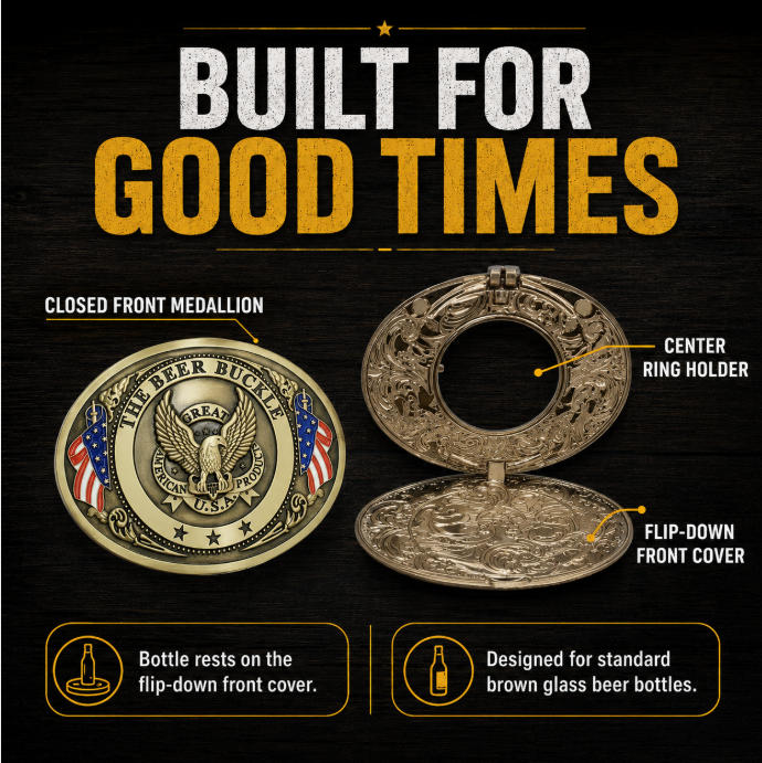 Hands-Free Beer Bottle Holder Belt Buckle | Flip-Down Drink Holder for BBQs, Tailgates & Funny Gifts-PGL
