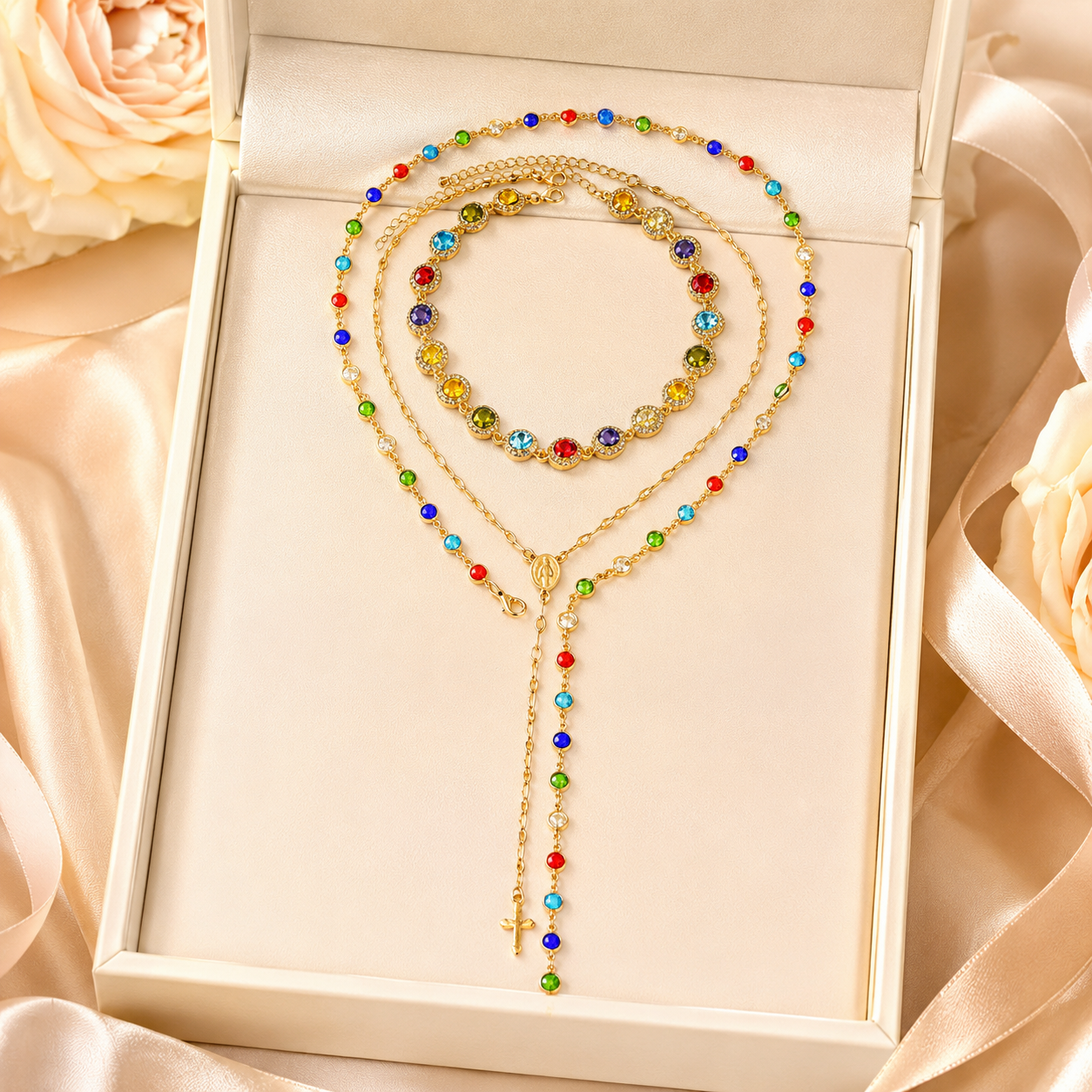 Colorful Crystal-Inspired Layered Lariat Necklace Set – Boutique-Style Statement Jewelry-ASS1