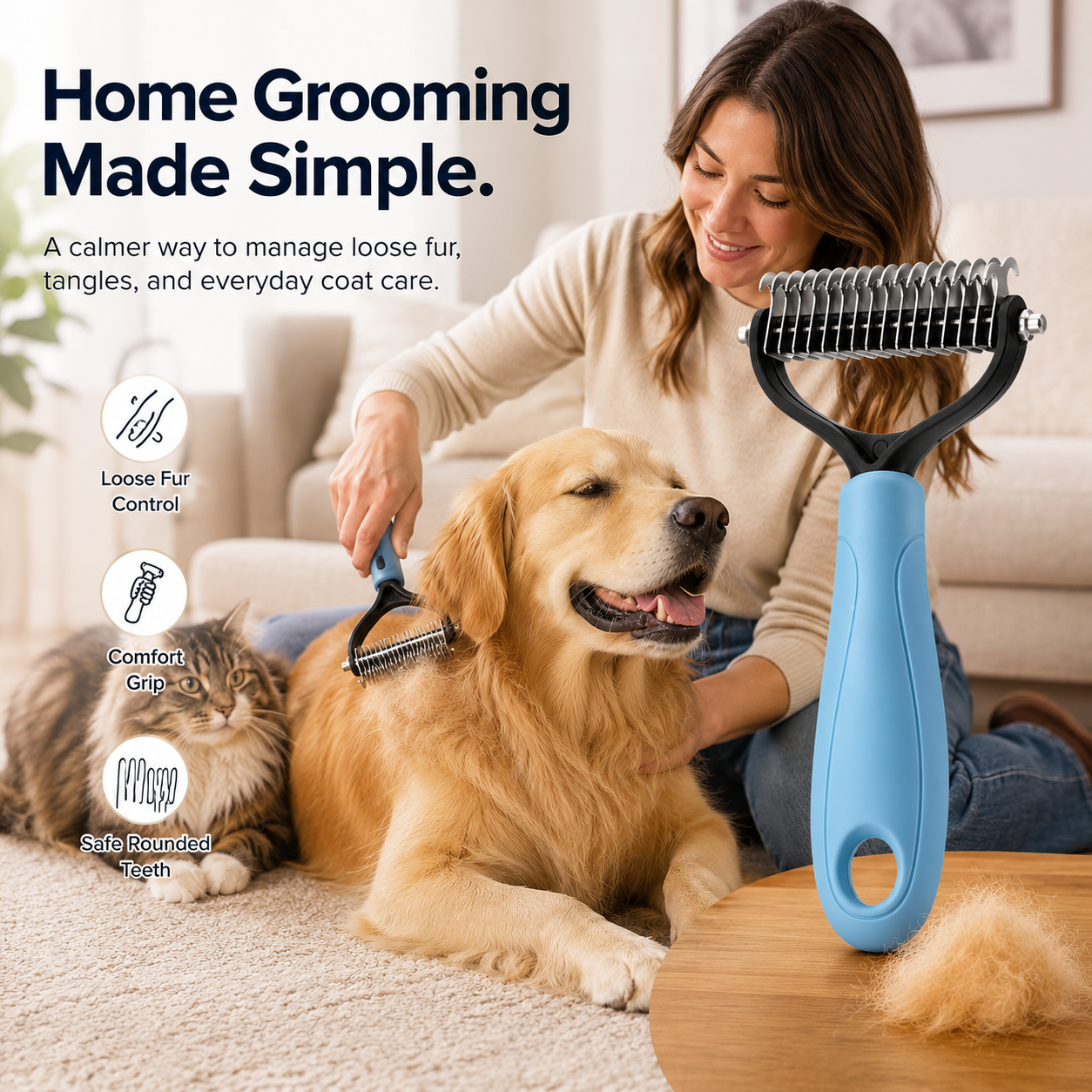 Beauty Ailow 2-in-1 Pet Grooming Brush for Dogs & Cats – Loosens Tangles, Lifts Loose Fur & Makes Grooming Easier-ASS1