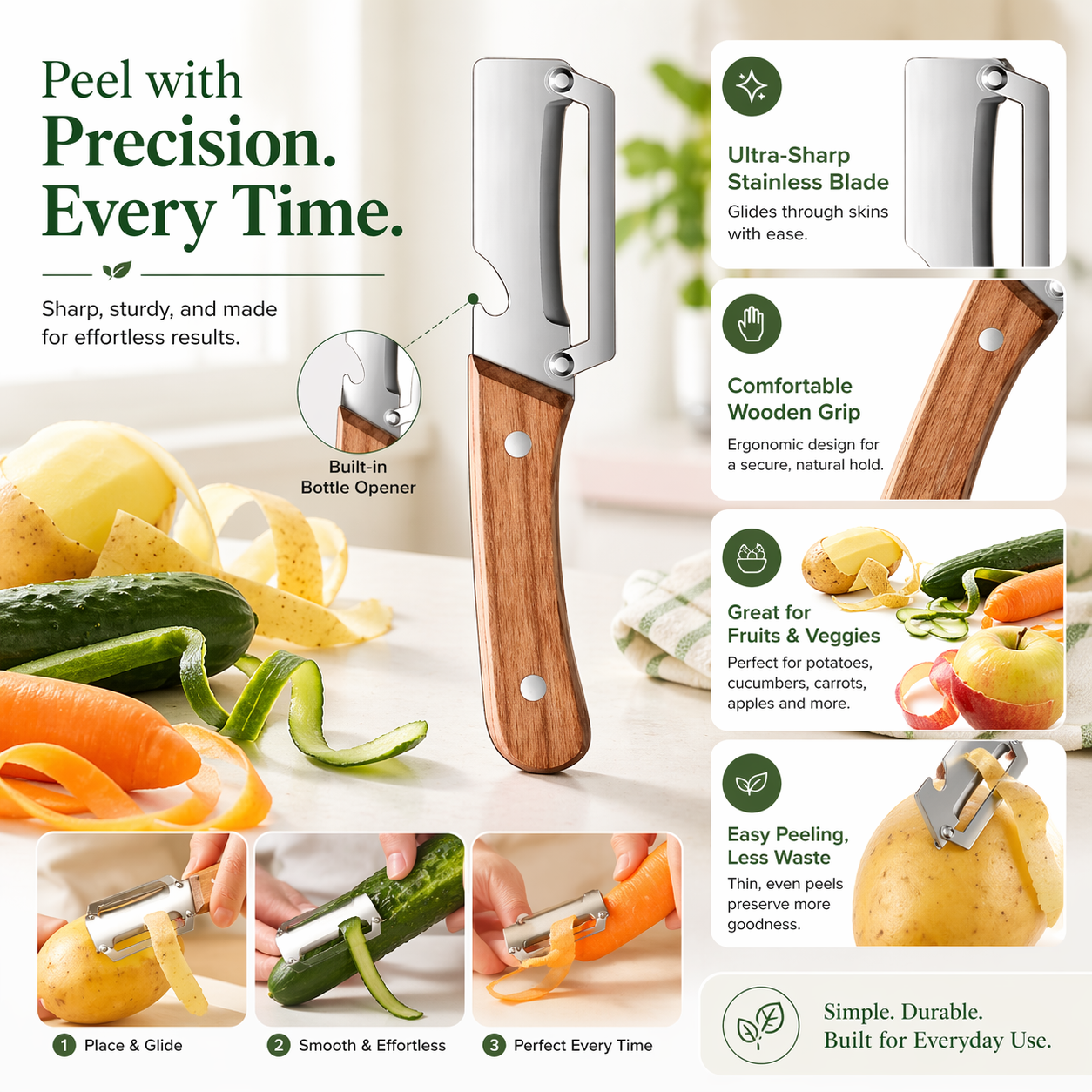 Wooden Handle Kitchen Peeler | Smooth, Fast & Low-Waste Prep-ASS1