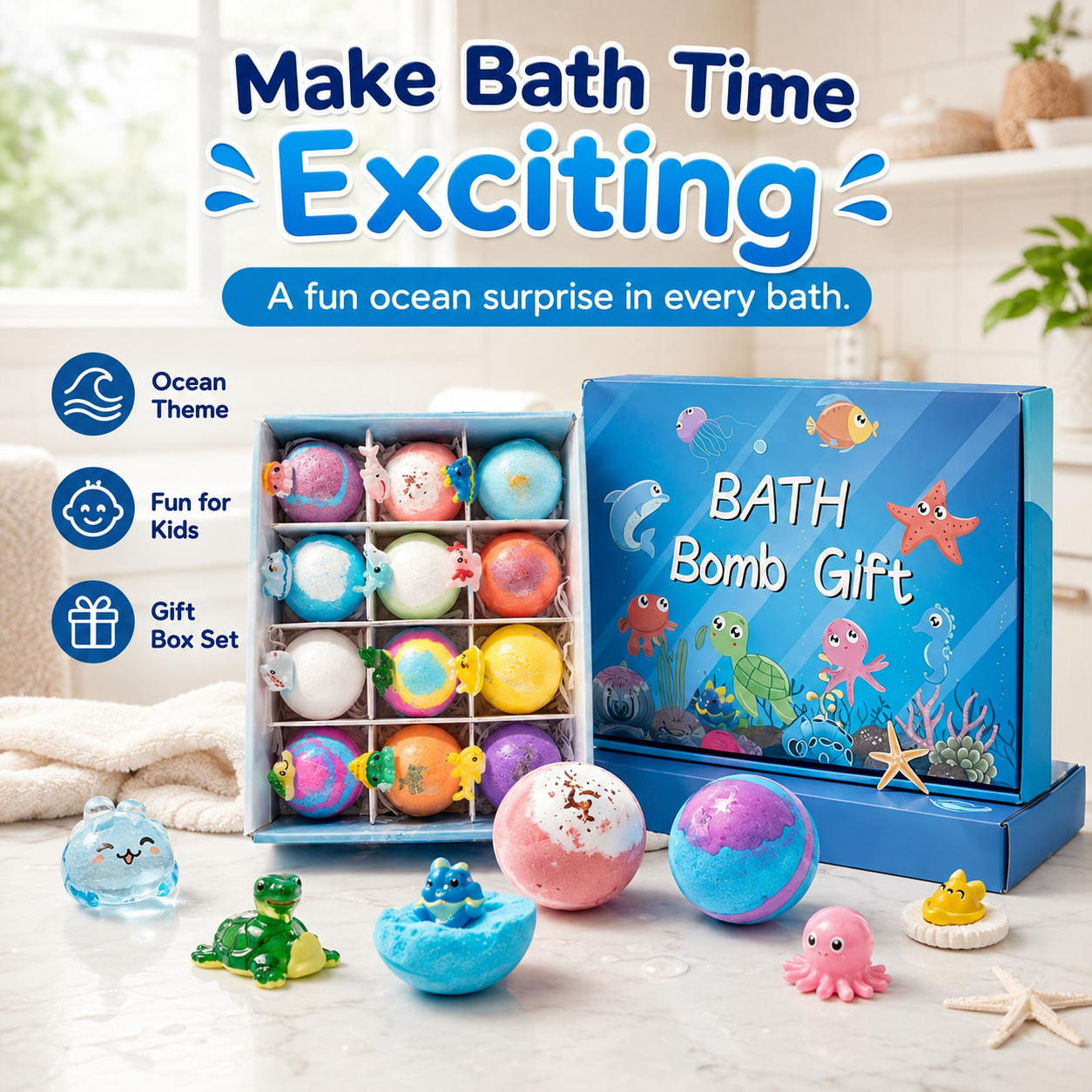 Ocean Surprise Bath Bombs for Kids – Fizzy Bath Time Gift Set with Hidden Sea Animal Toys Inside-ASS1
